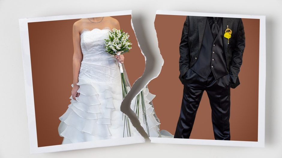Divorce concept. Torn photograph of a couple at their wedding with red background